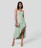 Halara - Rückenfreies,  verstellbares,  flowy Maxikleid für Brautjungfern und Hochzeitsgäste mit Rüschen - Light Bean Green - XS