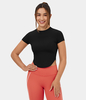 Halara - Ribbed Knit Short Sleeve Curved Hem Cropped Casual T-Shirt - Schwarz - M
