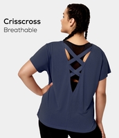 Halara - Rundhals-Crisscross-Einfarbiges Plus Size Sporttop - Marine - 1X