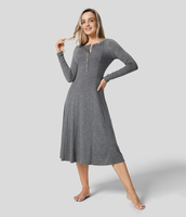 Halara - Rundhals-Knopf-Langarm-Flare-Midi-Freizeitkleid - Darl Gray Floral Yarn - S