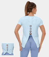 Halara - Rundhals-Kurzarm-Crisscross-Split-Tie-Back-Yoga-Sporttop - Saltwater Slide - L