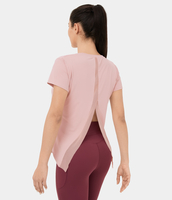 Halara - Rundhals-Yoga-Sportoberteil aus kontrastierendem Mesh mit geteiltem,  gebogenem Saum - Potpourri - L