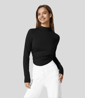 Halara - Schlankes Oberteil mit Stehkragen,  seitlichem Rüschen und abgerundetem Saum - Schwarz - M