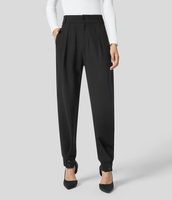 Halara - Schmal zulaufende Stoffhose mit hohem Bund,  verstellbarem Knopfsaum und Seitentasche - Schwarz - L(regular)