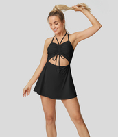 Halara - Softlyzero™ Airy Rückenfreies,  ausgeschnittenes,  2-teiliges Cool-Touch-Mini-Tennis-Spitzenkleid mit Seitentaschen und Kordelzug - Schwarz - XS