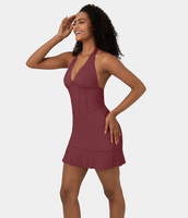 Halara - Softlyzero™ Airy Rückenfreies,  geschnürtes Neckholder-Korsett mit Rüschensaum,  Mini-Cool-Touch-Freizeitkleid mit Tiefer V-Ausschnitt - Cordovan - M