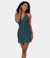 Halara - Softlyzero™ Airy Rückenfreies,  geschnürtes Neckholder-Korsett mit Rüschensaum,  Mini-Cool-Touch-Freizeitkleid mit Tiefer V-Ausschnitt - Ink Green - L