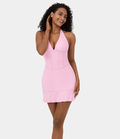 Halara - Softlyzero™ Airy Rückenfreies,  geschnürtes Neckholder-Korsett mit Rüschensaum,  Mini-Cool-Touch-Freizeitkleid mit Tiefer V-Ausschnitt - Nosegay - XS