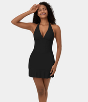Halara - Softlyzero™ Airy Rückenfreies,  geschnürtes Neckholder-Korsett mit Rüschensaum,  Mini-Cool-Touch-Freizeitkleid mit Tiefer V-Ausschnitt - Schwarz - L