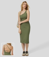 Halara - Softlyzero™ Airy Rückenfreies,  geteiltes Midi-Cool-Touch-Freizeitkleid mit asymmetrischen Trägern - Loden Green - L