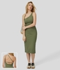 Halara - Softlyzero™ Airy Rückenfreies,  geteiltes Midi-Cool-Touch-Freizeitkleid mit asymmetrischen Trägern - Loden Green - M