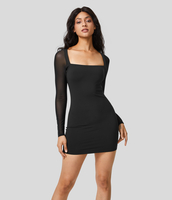 Halara - Softlyzero™ Airy rückenfreies,  langärmliges,  figurbetontes Mini-Cool-Touch-Partykleid mit quadratischem Ausschnitt und kontrastierendem Netzstoff - Schwarz - XL