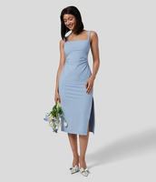 Halara - Softlyzero™ Airy Schlichtes A-Linie Hochzeitsgastkleid mit quadratischem Ausschnitt und gerüschtem Schlitz in Midilänge - Chambray Blue - XS