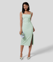 Halara - Softlyzero™ Airy Schlichtes A-Linie Hochzeitsgastkleid mit quadratischem Ausschnitt und gerüschtem Schlitz in Midilänge - Fairest Jade - XS