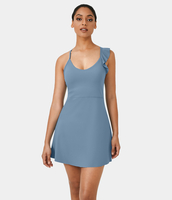 Halara - Softlyzero™ Airy Unregelmäßige Träger Kreuz und quer 2-in-1-Sportkleid mit Seitentaschen - Blue Shadow - L