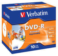 Verbatim 10 x DVD-R - 4.7 GB 16x - breite bedruckbare Fläche für Fotos - Jewel Case (Schachtel) 43521