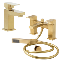 1-Loch Waschtischarmatur & Badewannenrandarmatur inkl. Handbrause (eckig) satiniertes Gold - Lyra