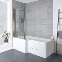 Begehbare Badewanne mit Duschzone,  eckig,  1700mm x 850mm,  Tür links – inkl. Badewannenaufsatz in mattem Gold und Endschürze – Merso