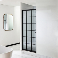 Dreifach-Duschschiebetür mit schwarzem Gittermuster 900mm x 800mm - inkl. Duschwanne mit Schiefer-Effekt Hellgrau - Barq