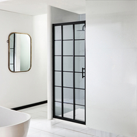 Dreifach-Duschschiebetür mit schwarzem Gittermuster 900mm x 800mm - inkl. Duschwanne mit Schiefer-Effekt Weiß - Barq