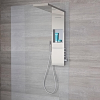 Duschpaneel mit Regal und Thermostat - 1030mm x 900mm,  mit glashaltendem Regen/Wasserfall-Duschkopf,  Handbrauseset und Körperdüsen - gebürsteter Stahl - Iko