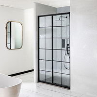 Duschschiebetür mit schwarzem Gittermuster 1700mm x 800mm (Nischeneinbau) - inkl. Duschwanne mit Schiefer-Effekt Hellgrau - Barq