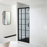 Duschschiebetür mit schwarzem Gittermuster für den Nischeneinbau - inkl. Duschwanne mit Schiefer-Effekt – Größe wählbar - Barq