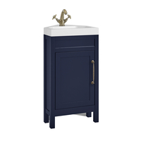 Eck-Waschtisch mit Unterschrank und Waschbecken,  450mm Dunkelblau inkl. klassischem Möbelgriff in gebürstetem Messing – Warwick