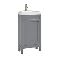 Eck-Waschtisch mit Unterschrank und Waschbecken,  450mm Hellgrau inkl. Griffleiste für Möbel in gebürstetem Messing – Warwick