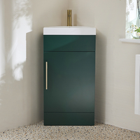 Eck-Waschtischunterschrank mit Waschbecken 450mm - Dunkelgrün inkl. modernem Möbelgriff in sateniertem Gold - Cluo