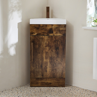 Eck-Waschtischunterschrank mit Waschbecken 450mm - dunkle Eiche inkl. modernem Möbelgriff in sateniertem Kupfer - Cluo