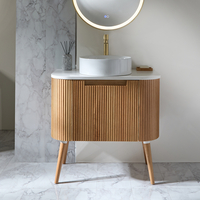 Geriffelter Waschtischunterschrank mit gebogener Front 800mm mit rundem Aufsatzwaschbecken - Eiche – Chalton