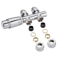 Hahnblock Heizkörperventil Gerade Thermostatisch Chrom inkl. Multiadapter für 16mm Kupferrohre im Set