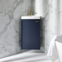 Hängender Eck-Waschtischunterschrank mit Waschbecken 450mm Dunkelblau - inkl. Griffleiste für Möbel in satiniertem Gold – Edge