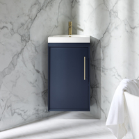 Hängender Eck-Waschtischunterschrank mit Waschbecken 450mm Dunkelblau - inkl. modernem Möbelgriff in satiniertem Gold – Edge