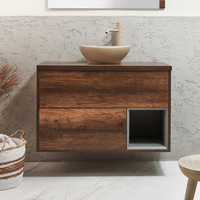 Hängender Waschtischunterschrank 1000mm inkl. ovalem Elements-Aufsatzwaschbecken in Beige (Sand) mit LED-Beleuchtung,  dunkle Eiche - Hoxton