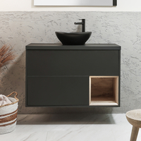 Hängender Waschtischunterschrank 1000mm inkl. ovalem Elements-Aufsatzwaschbecken in Graphit mit LED-Beleuchtung,  Schwarzgrau - Hoxton