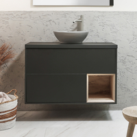 Hängender Waschtischunterschrank 1000mm inkl. ovalem Elements-Aufsatzwaschbecken in Grau (Pebble) Schwarzgrau - Hoxton