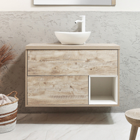 Hängender Waschtischunterschrank 1000mm inkl. ovalem Elements-Aufsatzwaschbecken in Weiß (Chalk) mit LED-Beleuchtung,  helle Eiche - Hoxton