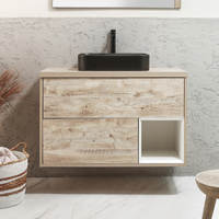 Hängender Waschtischunterschrank 1000mm inkl. rechteckigem Elements-Aufsatzwaschbecken in Graphit mit LED-Beleuchtung,  helle Eiche - Hoxton