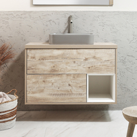 Hängender Waschtischunterschrank 1000mm inkl. rechteckigem Elements-Aufsatzwaschbecken in Grau (Pebble) mit LED-Beleuchtung,  helle Eiche - Hoxton