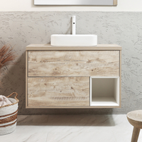 Hängender Waschtischunterschrank 1000mm inkl. rechteckigem Elements-Aufsatzwaschbecken in Weiß (Chalk) helle Eiche - Hoxton