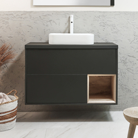 Hängender Waschtischunterschrank 1000mm inkl. rechteckigem Elements-Aufsatzwaschbecken in Weiß (Chalk) mit LED-Beleuchtung,  Schwarzgrau - Hoxton