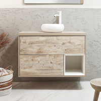 Hängender Waschtischunterschrank 1000mm inkl. rundem Elements-Aufsatzwaschbecken - Weiß mit LED-Beleuchtung,  helle Eiche - Hoxton von Hudson Reed