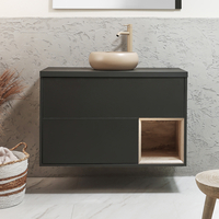 Hängender Waschtischunterschrank 1000mm inkl. rundem Elements-Aufsatzwaschbecken in Beige (Sand) Schwarzgrau - Hoxton