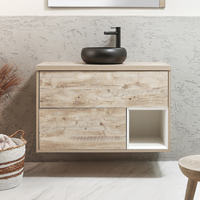 Hängender Waschtischunterschrank 1000mm inkl. rundem Elements-Aufsatzwaschbecken in Graphit mit LED-Beleuchtung,  helle Eiche - Hoxton