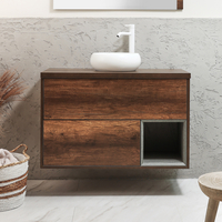 Hängender Waschtischunterschrank 1000mm inkl. rundem Elements-Aufsatzwaschbecken in Weiß (Chalk) dunkle Eiche - Hoxton