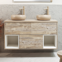 Hängender Waschtischunterschrank 1200mm inkl. runden Elements-Aufsatzwaschbecken in Beige (Sand) helle Eiche - Hoxton