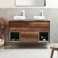 Hängender Waschtischunterschrank 1200mm inkl. runden Elements-Aufsatzwaschbecken in Weiß (Chalk) mit LED-Beleuchtung - dunkle Eiche - Hoxton