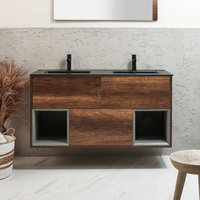 Hängender Waschtischunterschrank 1212mm inkl. Elements-Doppelwaschbecken in (Graphite) mit LED-Beleuchtung - dunkle Eiche - Hoxton